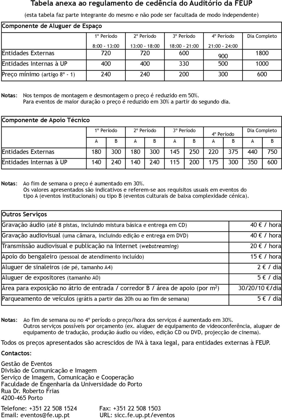 - 1) 240 240 200 300 600 Notas:! Nos tempos de montagem e desmontagem o preço é reduzido em 50%.! Para eventos de maior duração o preço é reduzido em 30% a partir do segundo dia.