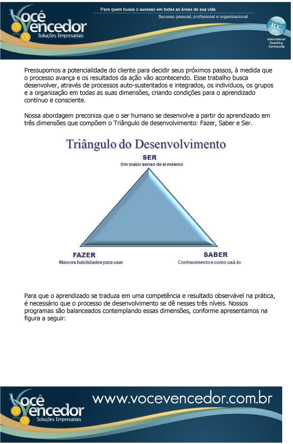 contínuo e consciente. Nossa abordagem preconiza que o ser humano se desenvolve a partir do aprendizado em três dimensões que compõem o Triângulo de desenvolvimento: Fazer, Saber e Ser.