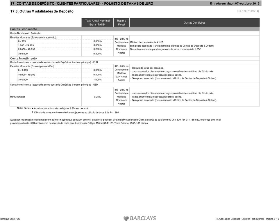 000 0,300% Conta Investimento Conta Investimento (associada a uma conta de Depósitos à ordem principal) - EUR 0-9.999 0,000% 0,500% 50.