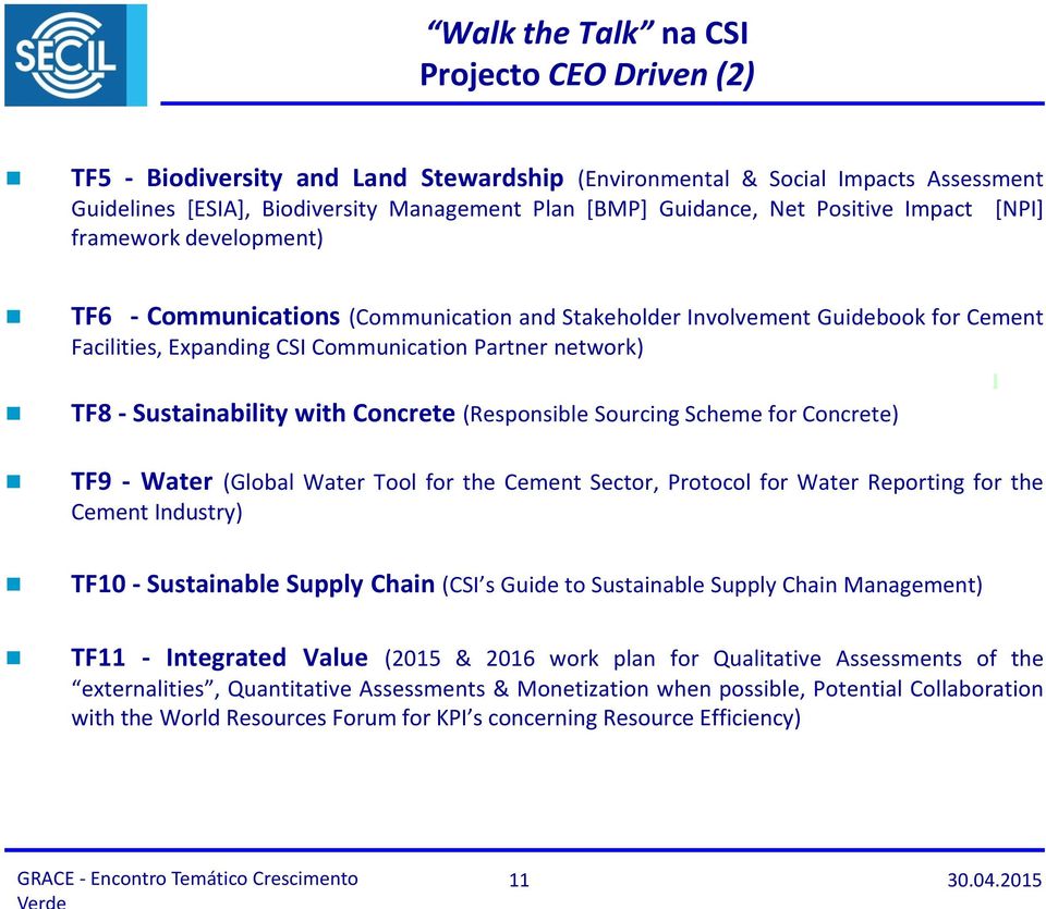 Sustainability with Concrete (Responsible Sourcing Scheme for Concrete) TF9 - Water (Global Water Tool for the Cement Sector, Protocol for Water Reporting for the Cement Industry) TF10 - Sustainable