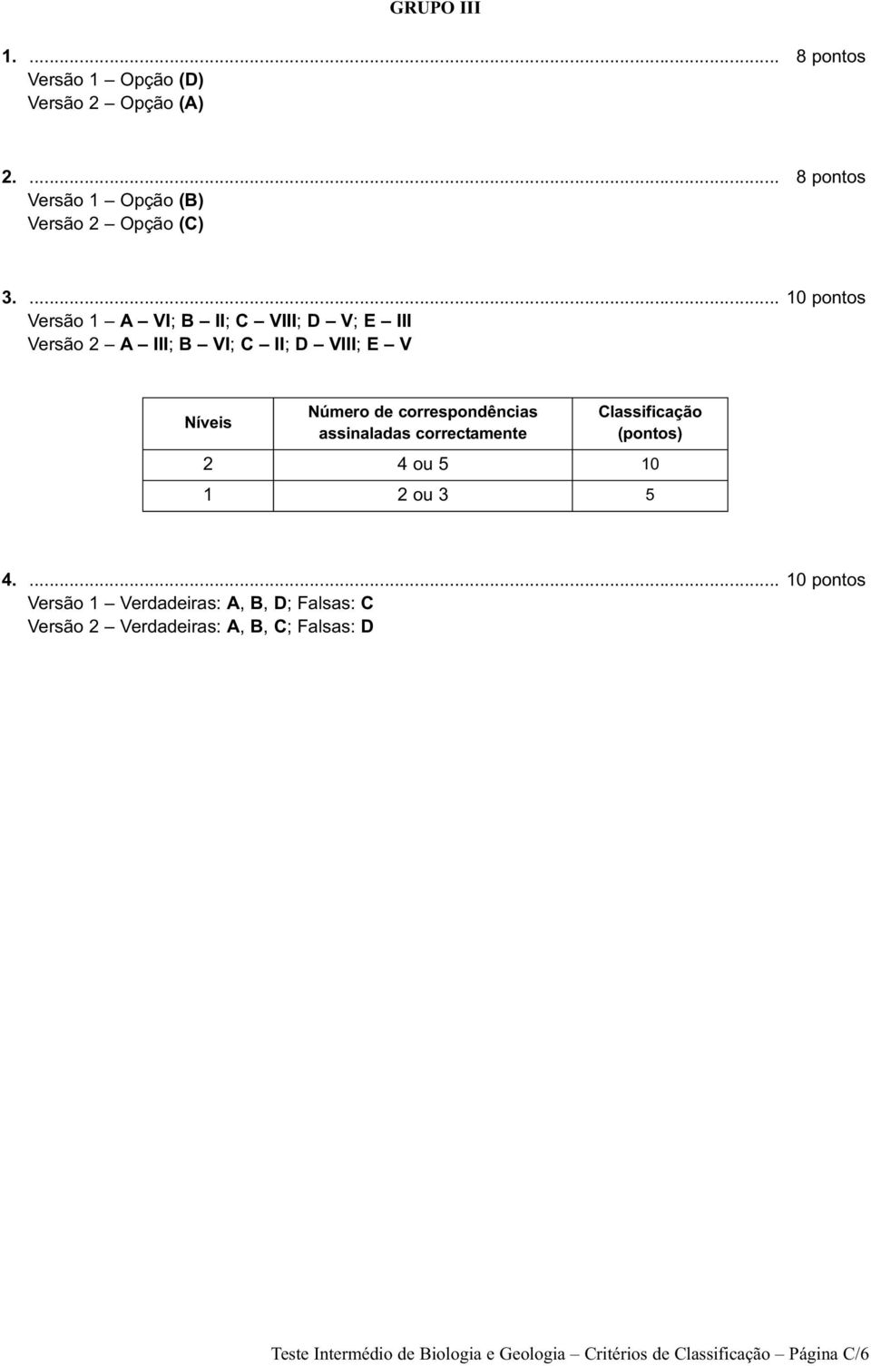 Versão 2 A III; B VI; C II; D VIII; E V Número de correspondências assinaladas correctamente Classificação (pontos)