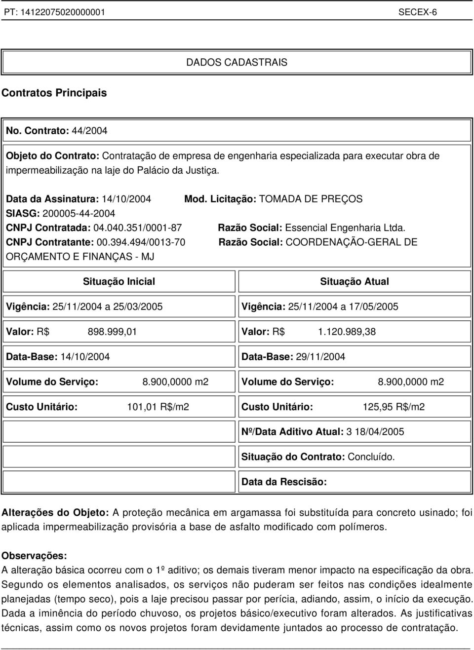 Licitação: TOMADA DE PREÇOS SIASG: 200005-44-2004 CNPJ Contratada: 04.040.351/0001-87 Razão Social: Essencial Engenharia Ltda. CNPJ Contratante: 00.394.