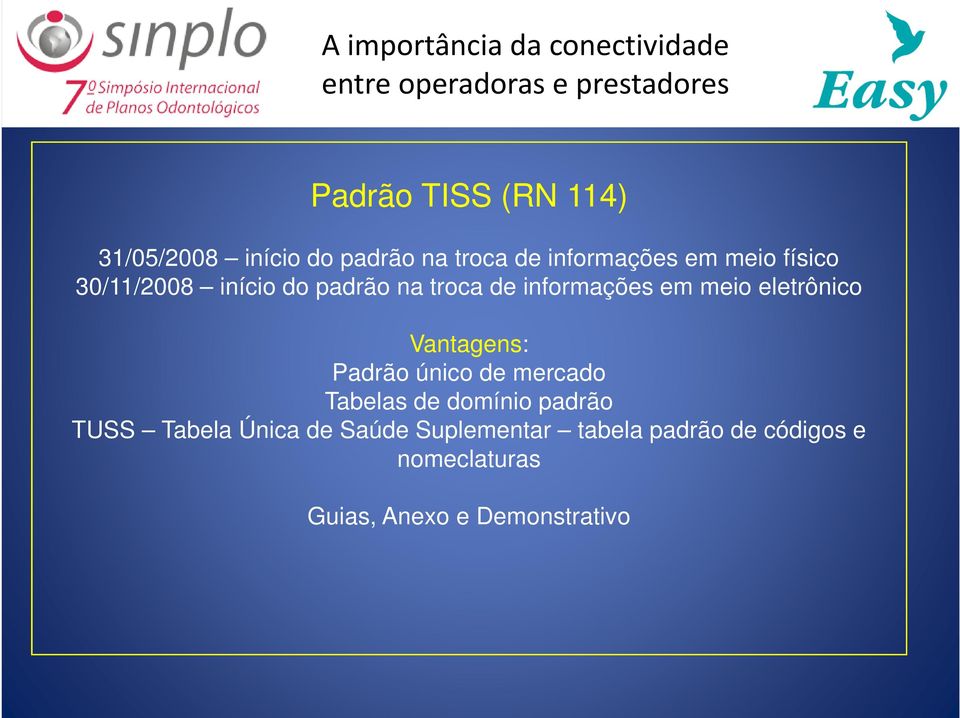 Vantagens: Padrão único de mercado Tabelas de domínio padrão TUSS Tabela Única de