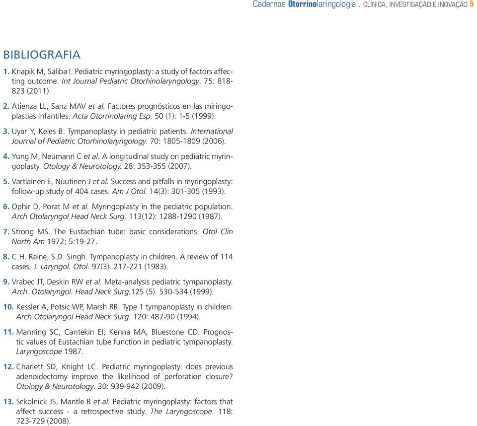 Uyar Y, Keles B. Tympanoplasty in pediatric patients. International Journal of Pediatric Otorhinolaryngology. 70: 1805-1809 (2006). 4. Yung M, Neumann C et al.