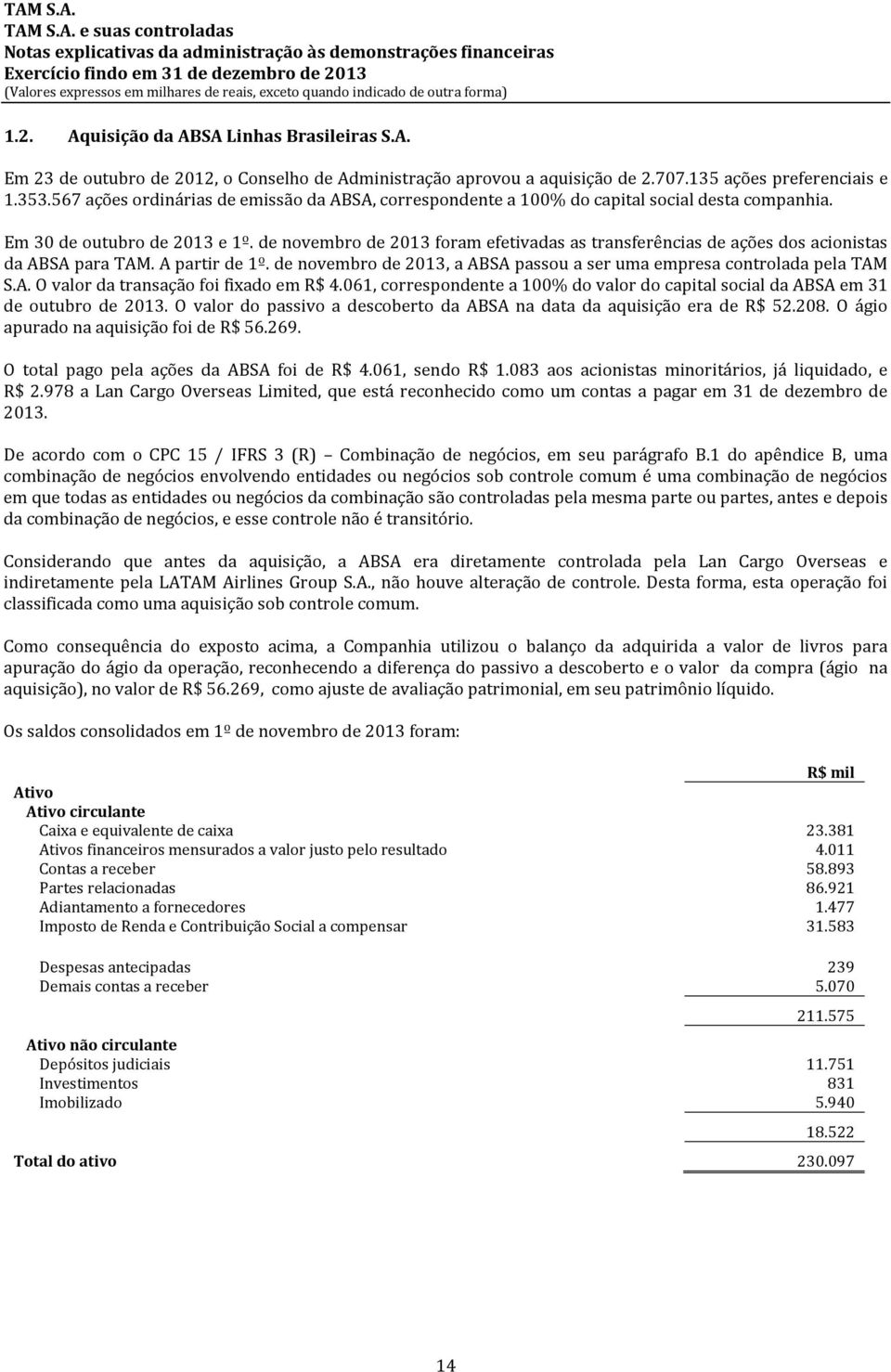 de novembro de 2013 foram efetivadas as transferências de ações dos acionistas da ABSA para TAM. A partir de 1º. de novembro de 2013, a ABSA passou a ser uma empresa controlada pela TAM S.A. O valor da transação foi fixado em R$ 4.