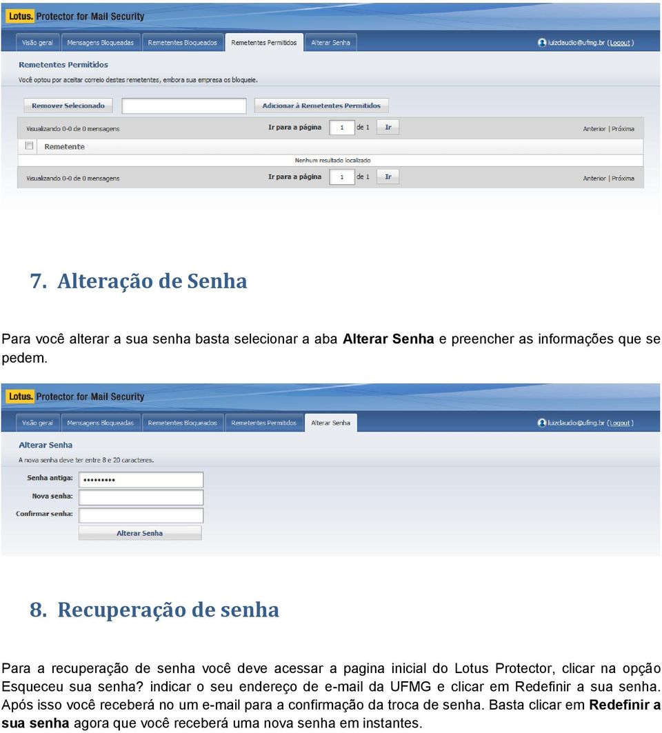 Esqueceu sua senha? indicar o seu endereço de e-mail da UFMG e clicar em Redefinir a sua senha.