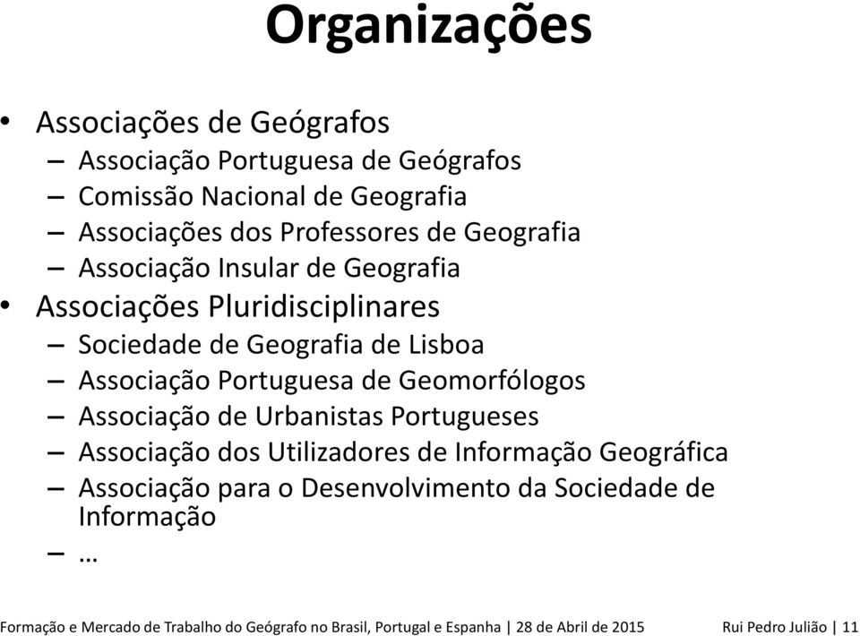 Geomorfólogos Associação de Urbanistas Portugueses Associação dos Utilizadores de Informação Geográfica Associação para o