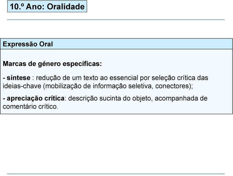 ideias-chave (mobilização de informação seletiva, conectores); -