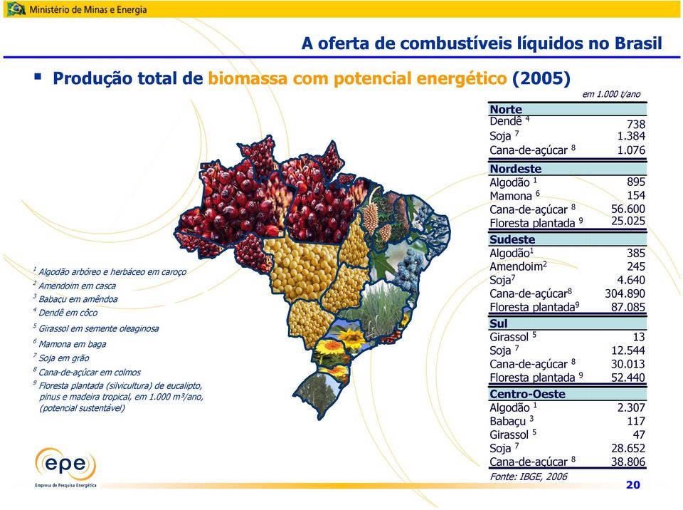 600 Floresta plantada 9 25.025 Algodão 1 Sudeste 385 Amendoim 2 245 Soja 7 4.640 Cana-de-açúcar 8 304.890 Floresta plantada 9 87.085 Sul Girassol 5 13 12.