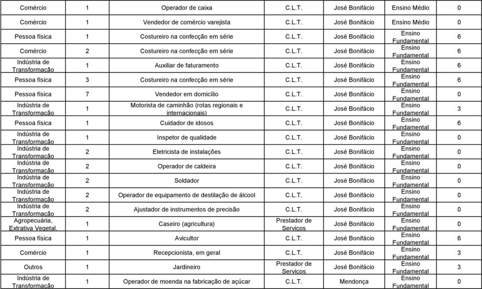 Motorista de caminhão (rotas regionais e internacionais) José Bonifácio Pessoa física 1 Cuidador de idosos José Bonifácio Agropecuária, Extrativa Vegetal, 1 Inspetor de qualidade José Bonifácio 2