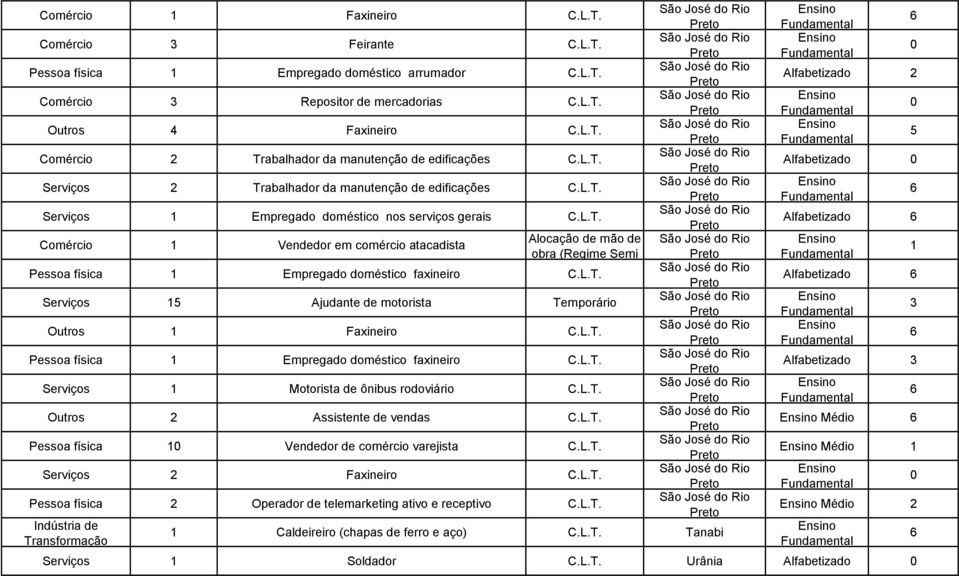 faxineiro 15 Ajudante de motorista Temporário Outros 1 Faxineiro Pessoa física 1 Empregado doméstico faxineiro 1 Motorista de ônibus rodoviário Outros 2 Assistente de vendas Pessoa física 1 Vendedor