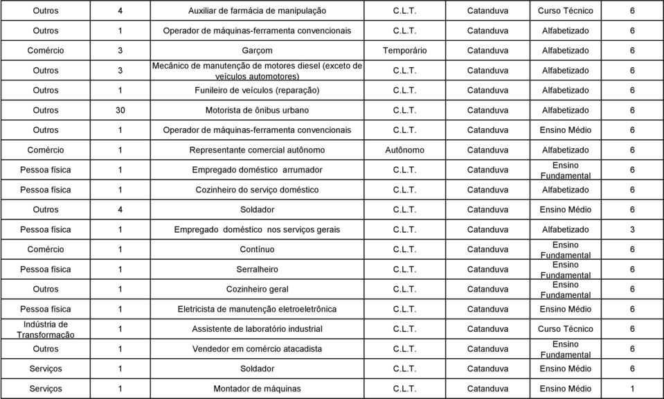 urbano Catanduva Alfabetizado Outros 1 Operador de máquinas-ferramenta convencionais Catanduva Médio Comércio 1 Representante comercial autônomo Autônomo Catanduva Alfabetizado Pessoa física 1