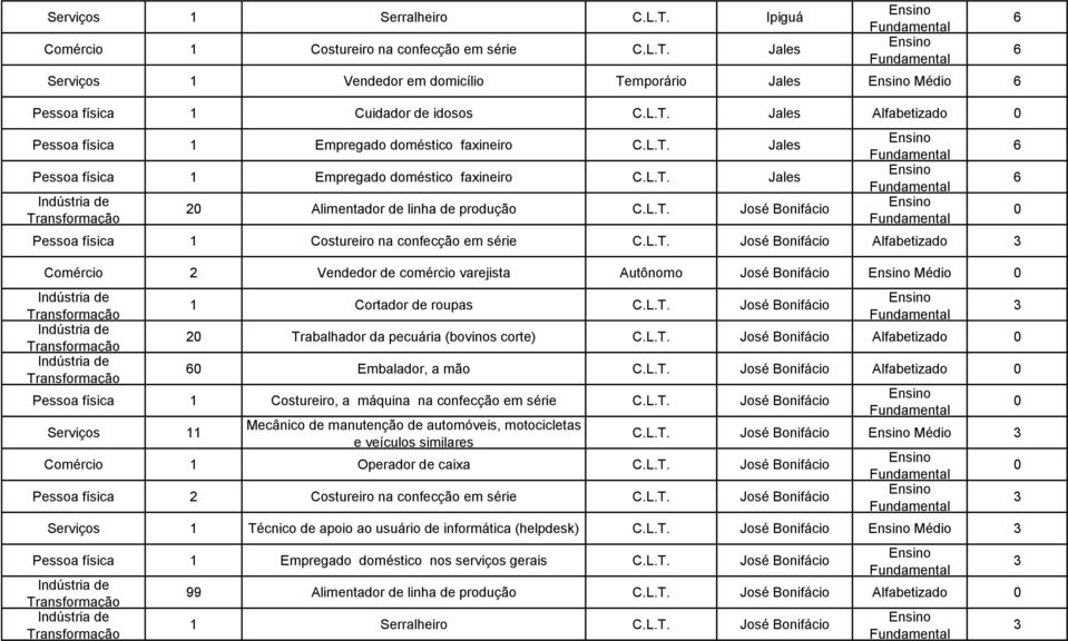 Alfabetizado Comércio 2 Vendedor de comércio varejista Autônomo José Bonifácio Médio 1 Cortador de roupas José Bonifácio 2 Trabalhador da pecuária (bovinos corte) José Bonifácio Alfabetizado