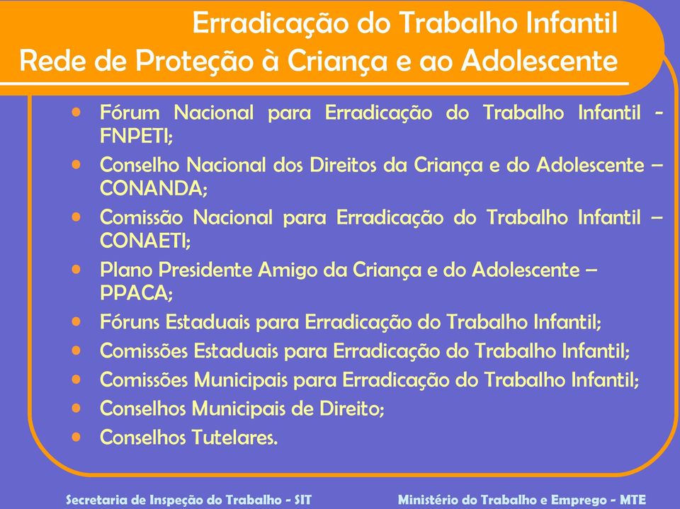 Presidente Amigo da Criança e do Adolescente PPACA; Fóruns Estaduais para Erradicação do Trabalho Infantil; Comissões Estaduais para