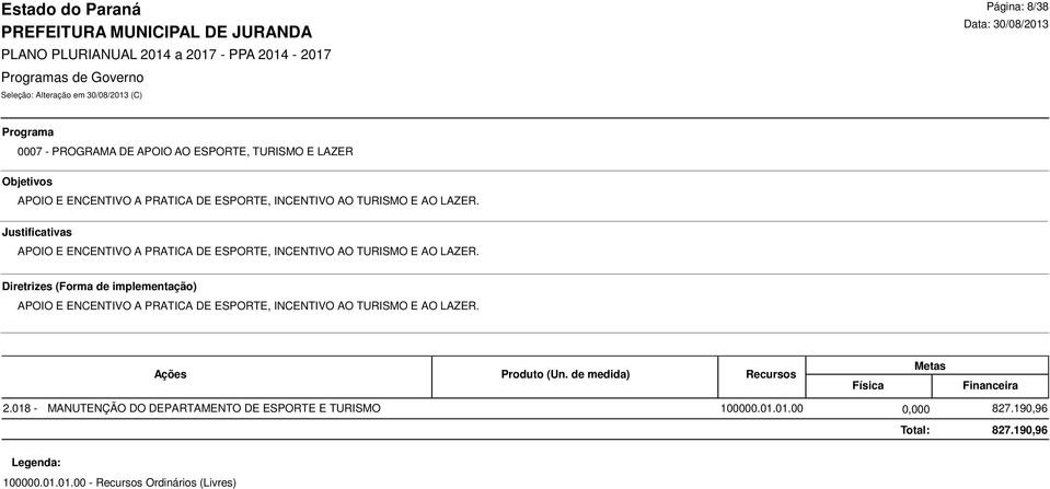 APOIO E ENCENTIVO A PRATICA DE ESPORTE, INCENTIVO AO TURISMO E AO LAZER. 2.018-100000.01.01.00 827.