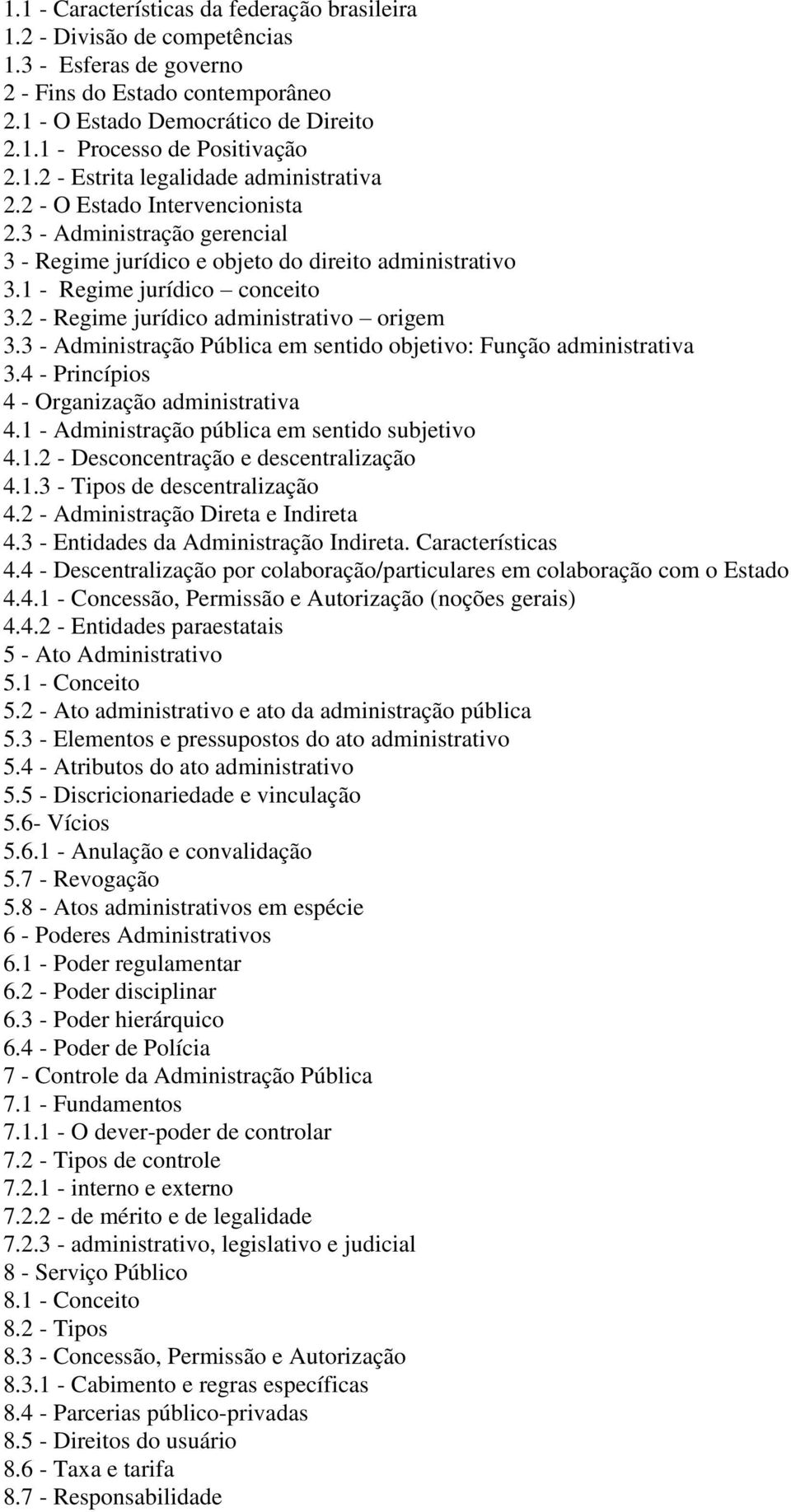 2 - Regime jurídico administrativo origem 3.3 - Administração Pública em sentido objetivo: Função administrativa 3.4 - Princípios 4 - Organização administrativa 4.