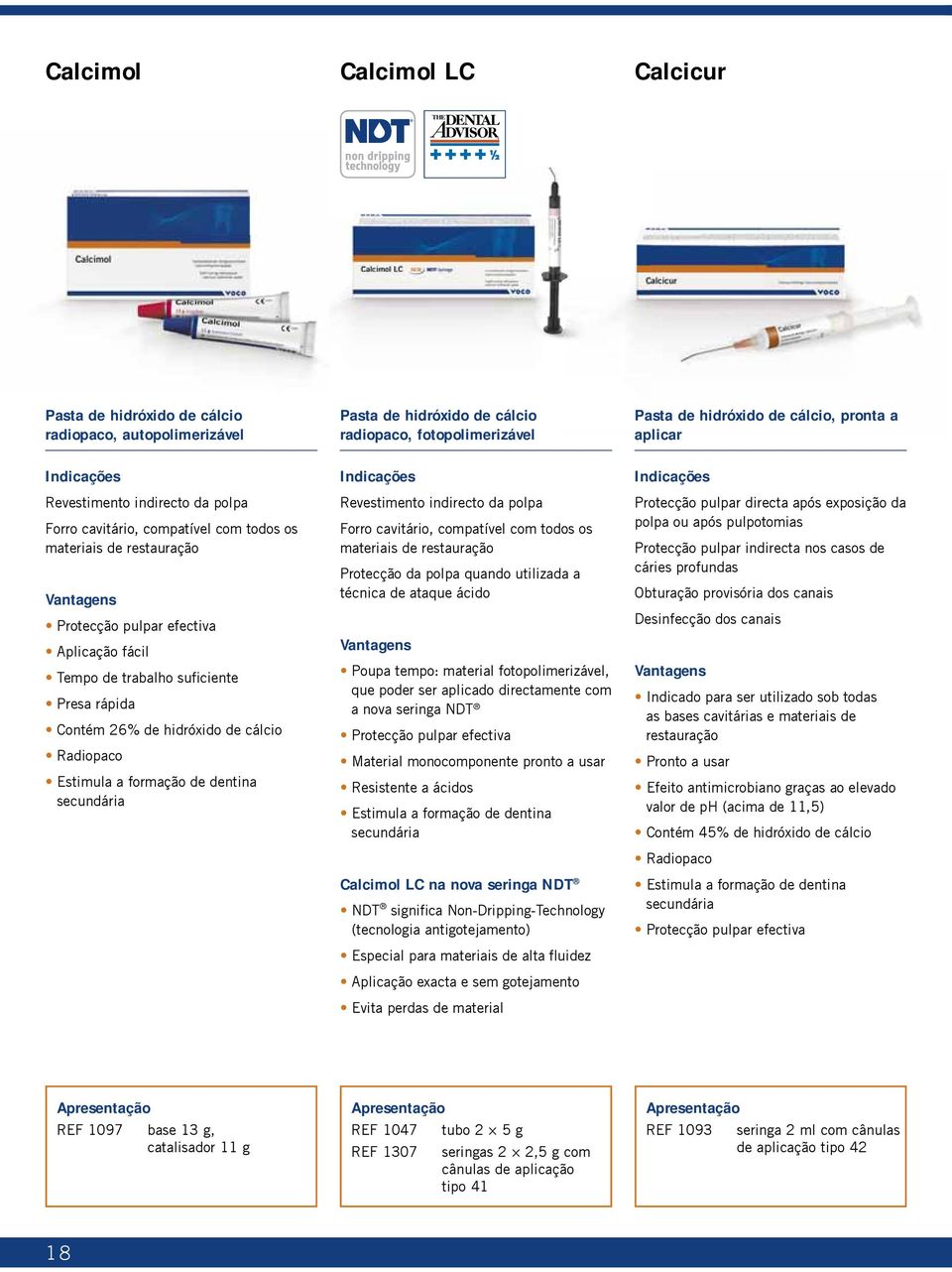 hidróxido de cálcio Radiopaco Estimula a formação de dentina secundária Revestimento indirecto da polpa Forro cavitário, compatível com todos os materiais de restauração Protecção da polpa quando