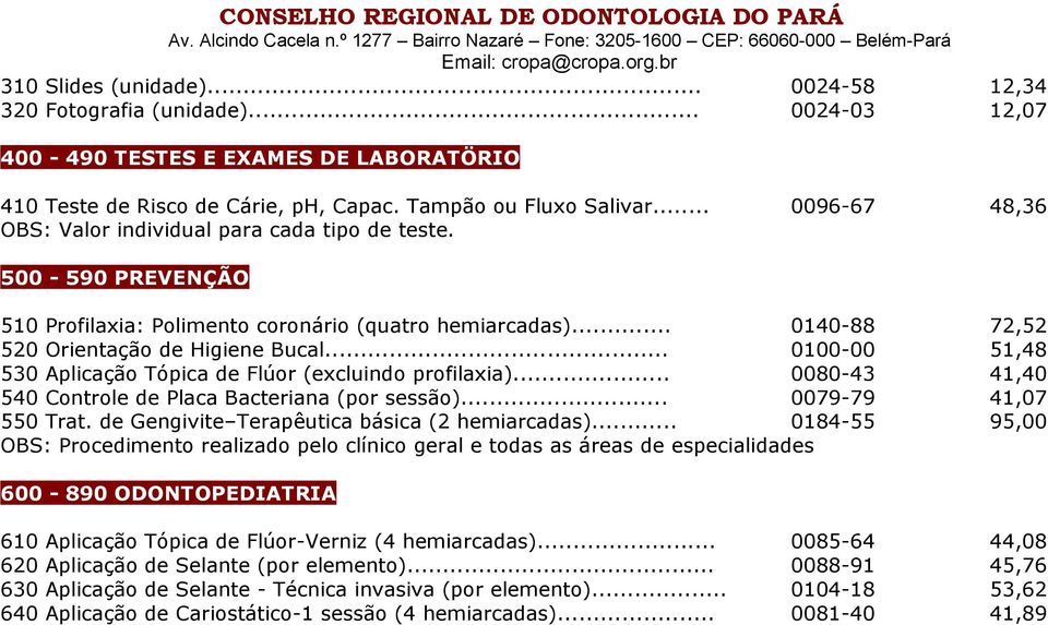 .. 0100-00 51,48 530 Aplicação Tópica de Flúor (excluindo profilaxia)... 0080-43 41,40 540 Controle de Placa Bacteriana (por sessão)... 0079-79 41,07 550 Trat.