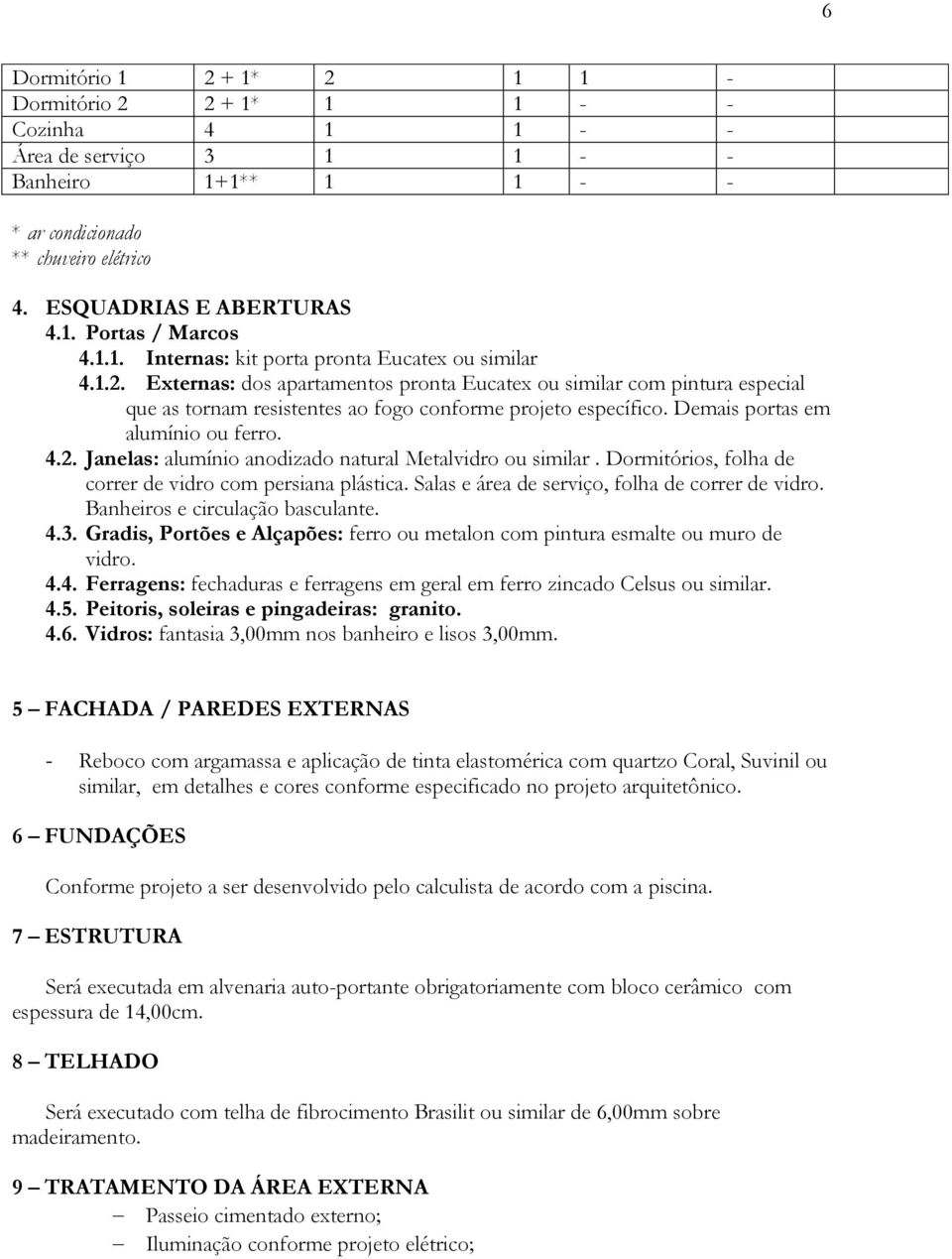 Demais portas em alumínio ou ferro. 4.2. Janelas: alumínio anodizado natural Metalvidro ou. Dormitórios, folha de correr de vidro com persiana plástica.