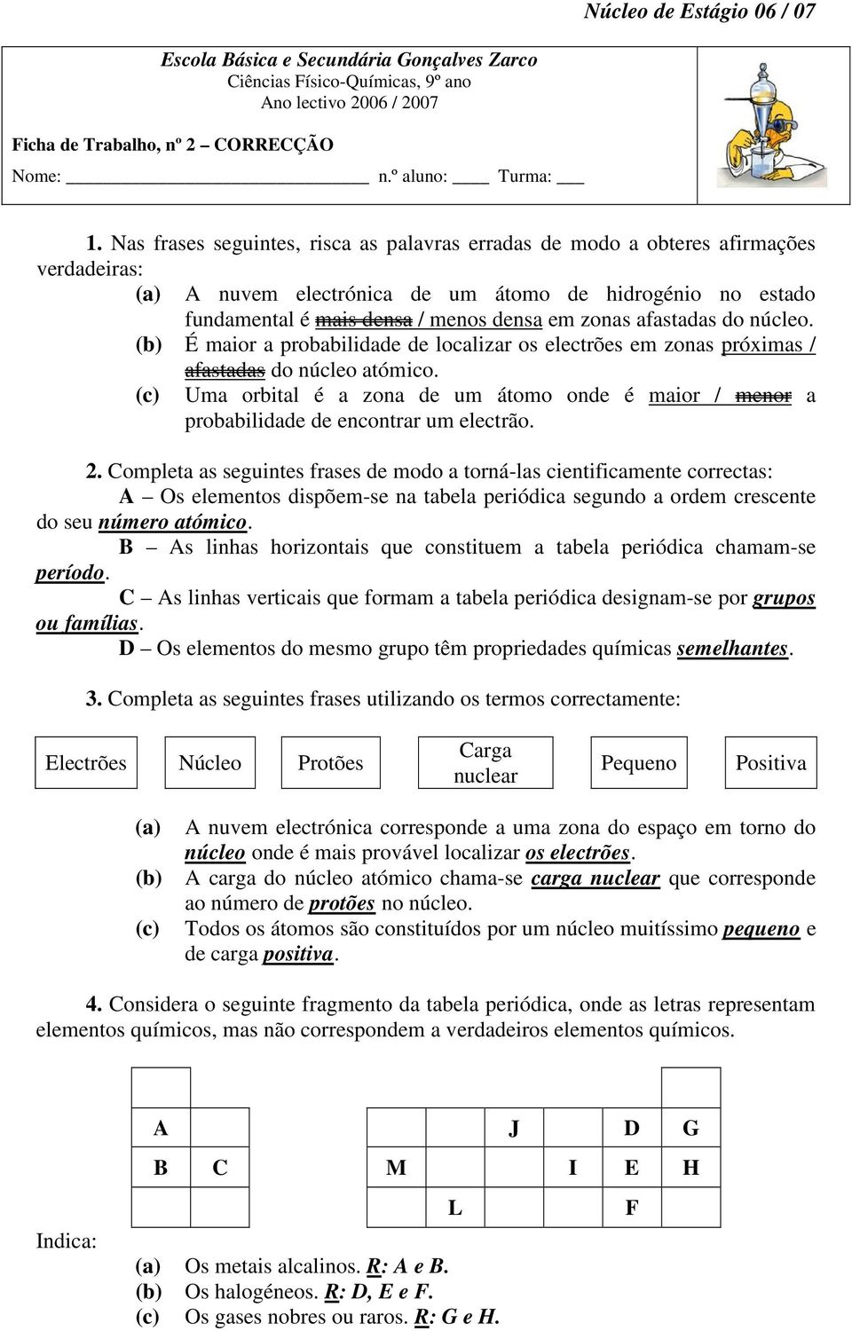 afastadas do núcleo. (b) É maior a probabilidade de localizar os electrões em zonas próximas / afastadas do núcleo atómico.