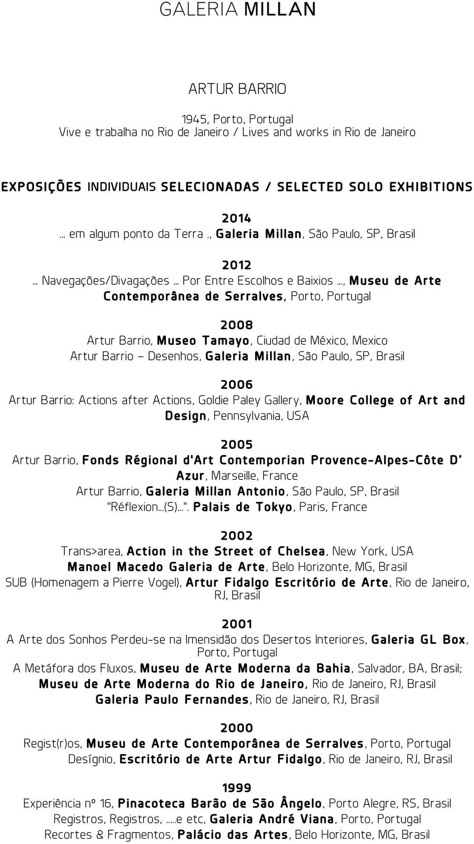 Mexico Artur Barrio Desenhos, Galeria Millan, São Paulo, SP, 2006 Artur Barrio: Actions after Actions, Goldie Paley Gallery, Moore College of Art and Design, Pennsylvania, USA 2005 Artur Barrio,