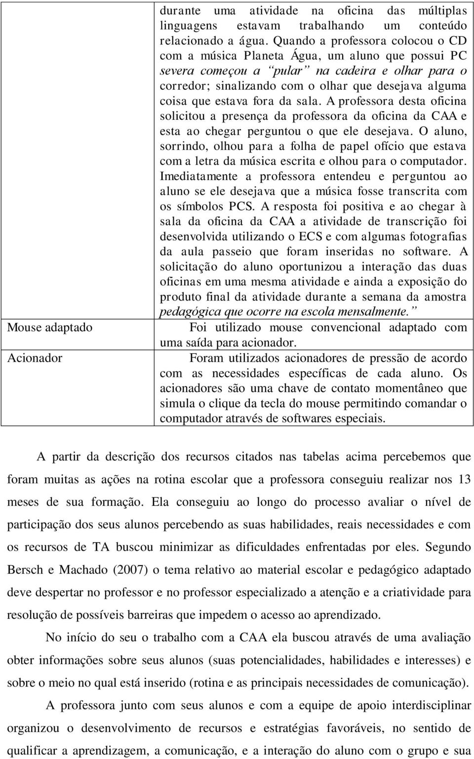 estava fora da sala. A professora desta oficina solicitou a presença da professora da oficina da CAA e esta ao chegar perguntou o que ele desejava.