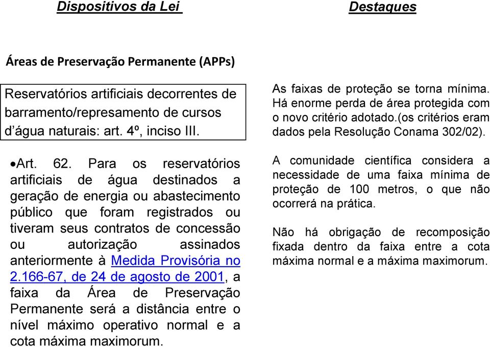 à Medida Provisória no 2.166-67, de 24 de agosto de 2001, a faixa da Área de Preservação Permanente será a distância entre o nível máximo operativo normal e a cota máxima maximorum.