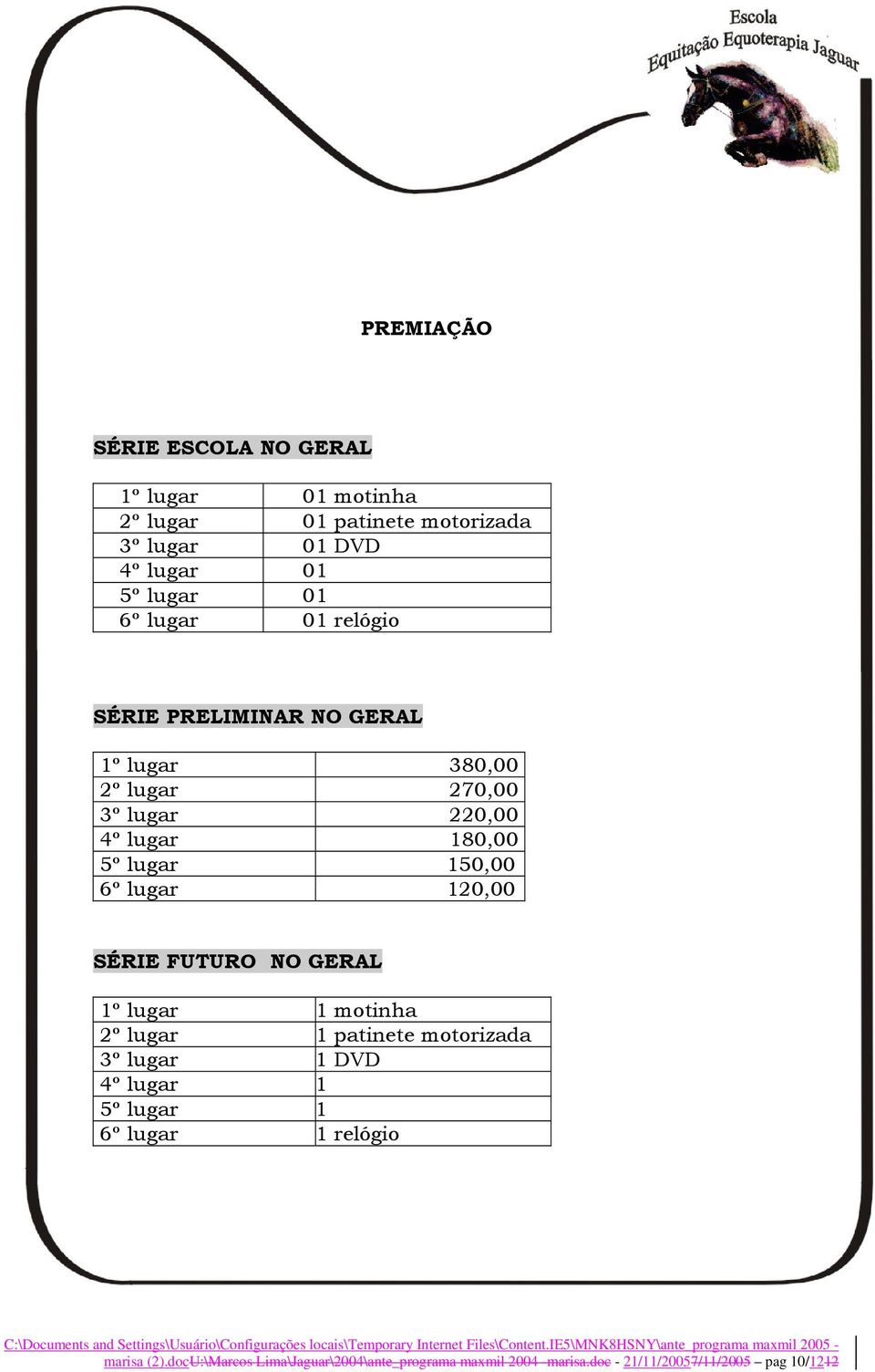 lugar 120,00 SÉRIE FUTURO NO GERAL 1º lugar 1 motinha 2º lugar 1 patinete motorizada 3º lugar 1 DVD 4º lugar 1 5º lugar 1 6º