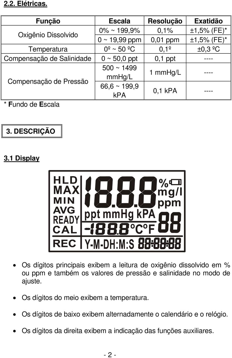 de Salinidade 0 ~ 50,0 ppt 0,1 ppt ---- Compensação de Pressão 500 ~ 1499 mmhg/l 1 mmhg/l ---- 66,6 ~ 199,9 kpa 0,1 kpa ---- * Fundo de Escala 3. DESCRIÇÃO 3.