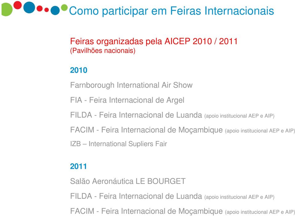 - Feira Internacional de Moçambique (apoio institucional AEP e AIP) IZB International Supliers Fair 2011 Salão Aeronáutica LE BOURGET