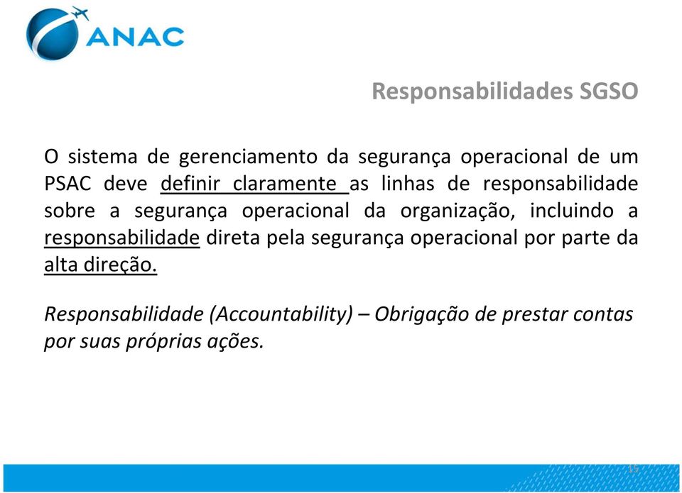 organização, incluindo a responsabilidade direta pela segurança operacional por parte da