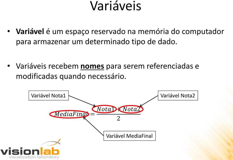 Variáveis recebem nomes para serem referenciadas e modificadas