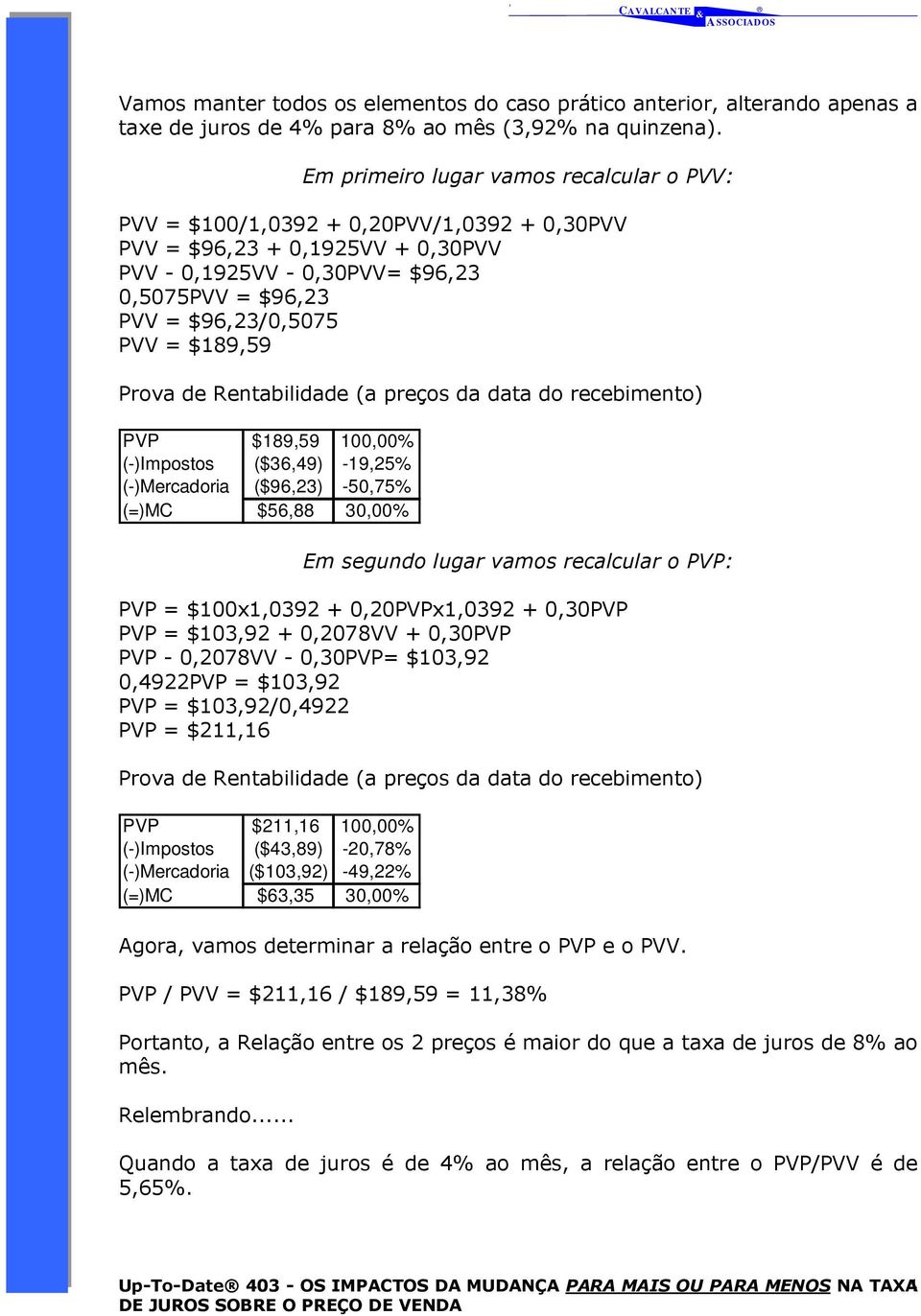 $189,59 PVP $189,59 100,00% (-)Impostos ($36,49) -19,25% (-)Mercadoria ($96,23) -50,75% (=)MC $56,88 30,00% Em segundo lugar vamos recalcular o PVP: PVP = $100x1,0392 + 0,20PVPx1,0392 + 0,30PVP PVP =