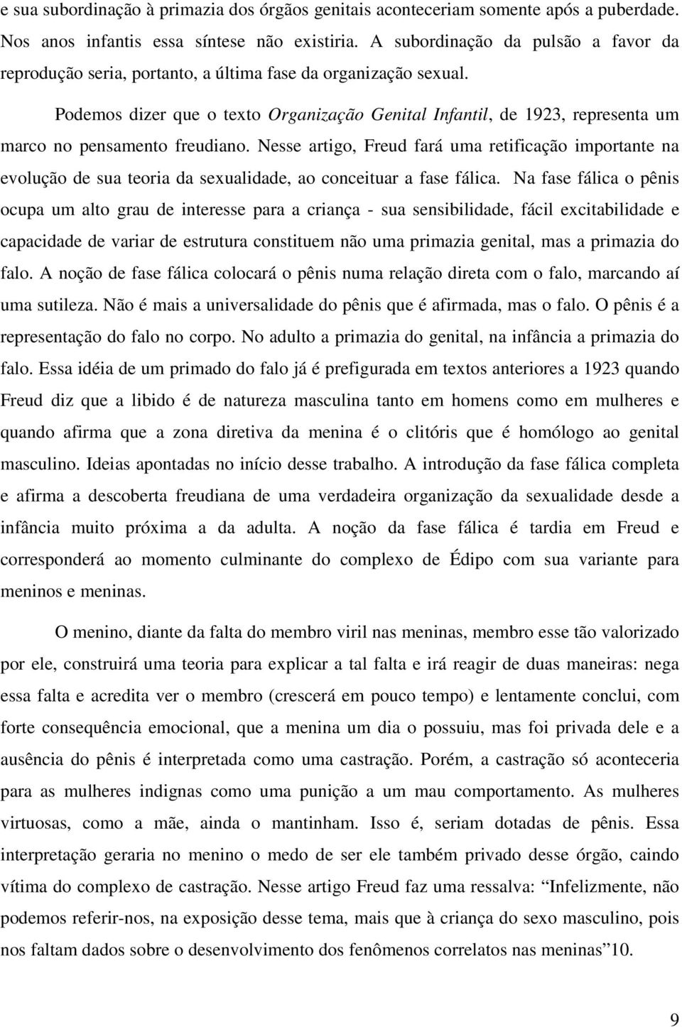 Podemos dizer que o texto Organização Genital Infantil, de 1923, representa um marco no pensamento freudiano.