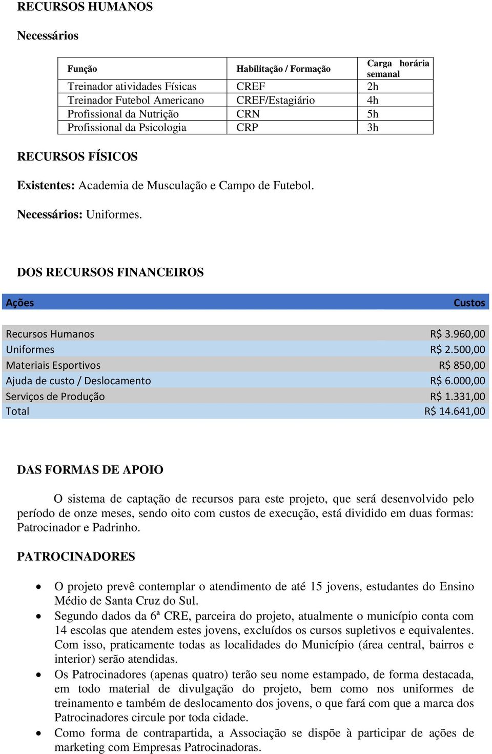 960,00 Uniformes R$ 2.500,00 Materiais Esportivos R$ 850,00 Ajuda de custo / Deslocamento R$ 6.000,00 Serviços de Produção R$ 1.331,00 Total R$ 14.