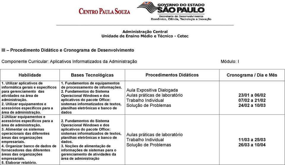 Alimentar os sistemas operacionais das diferentes 4. Organizar banco de dados de fornecedores das diferentes 5. Elaborar relatório. 1. Fundamentos de equipamentos de processamento de informações. 2.