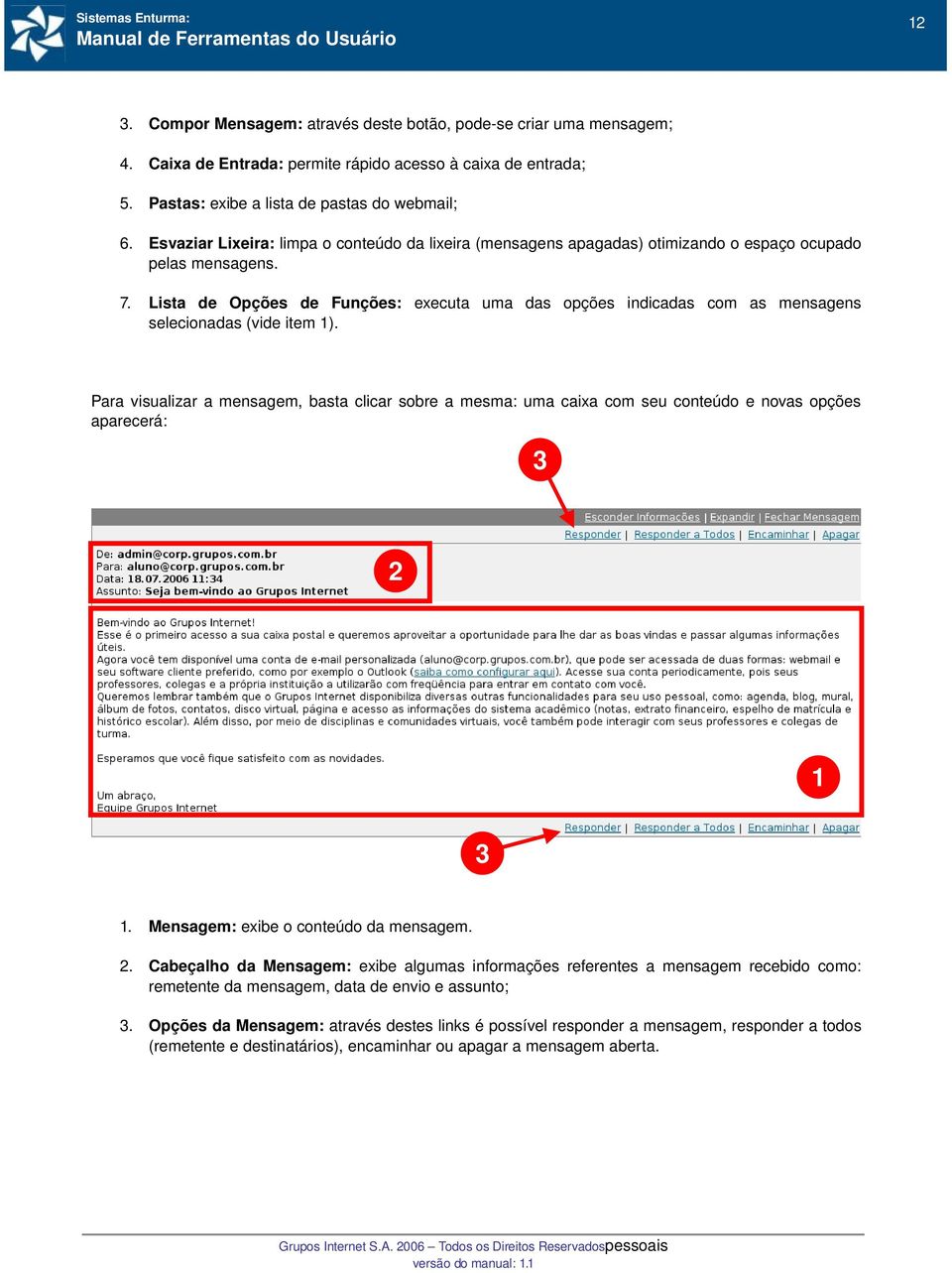 Lista de Opções de Funções: executa uma das opções indicadas com as mensagens selecionadas (vide item 1).