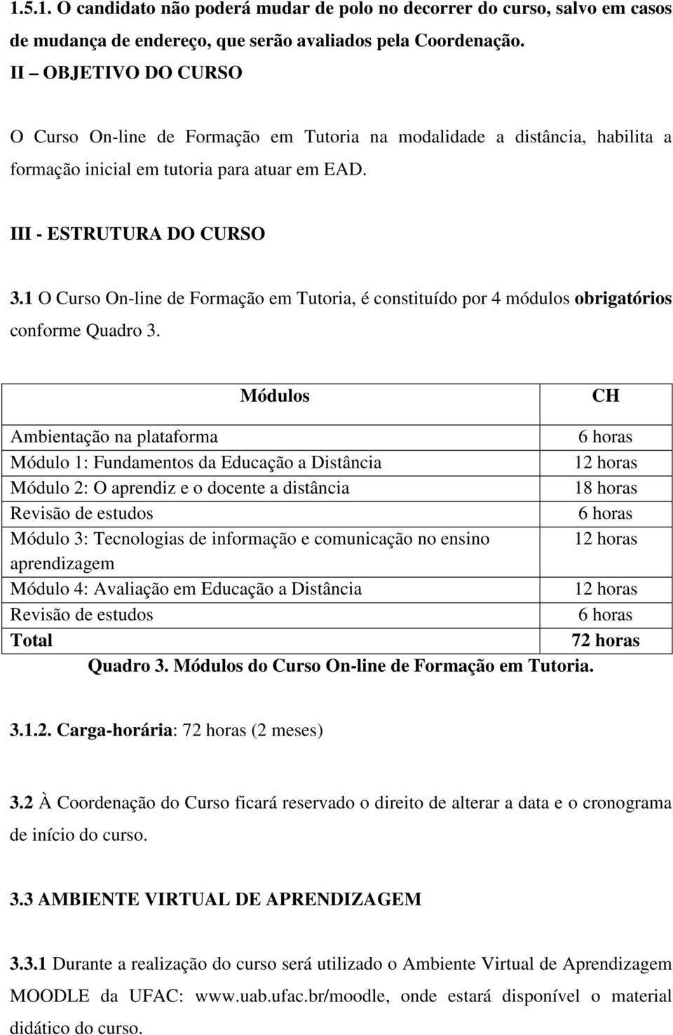 1 O Curso On-line de Formação em Tutoria, é constituído por 4 módulos obrigatórios conforme Quadro 3.