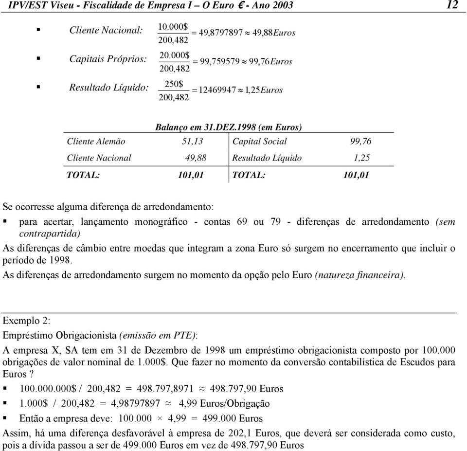 1998 (em Euros) Cliente Alemão 51,13 Capital Social 99,76 Cliente Nacional 49,88 Resultado Líquido 1,25 TOTAL: 101,01 TOTAL: 101,01 Se ocorresse alguma diferença de arredondamento: para acertar,
