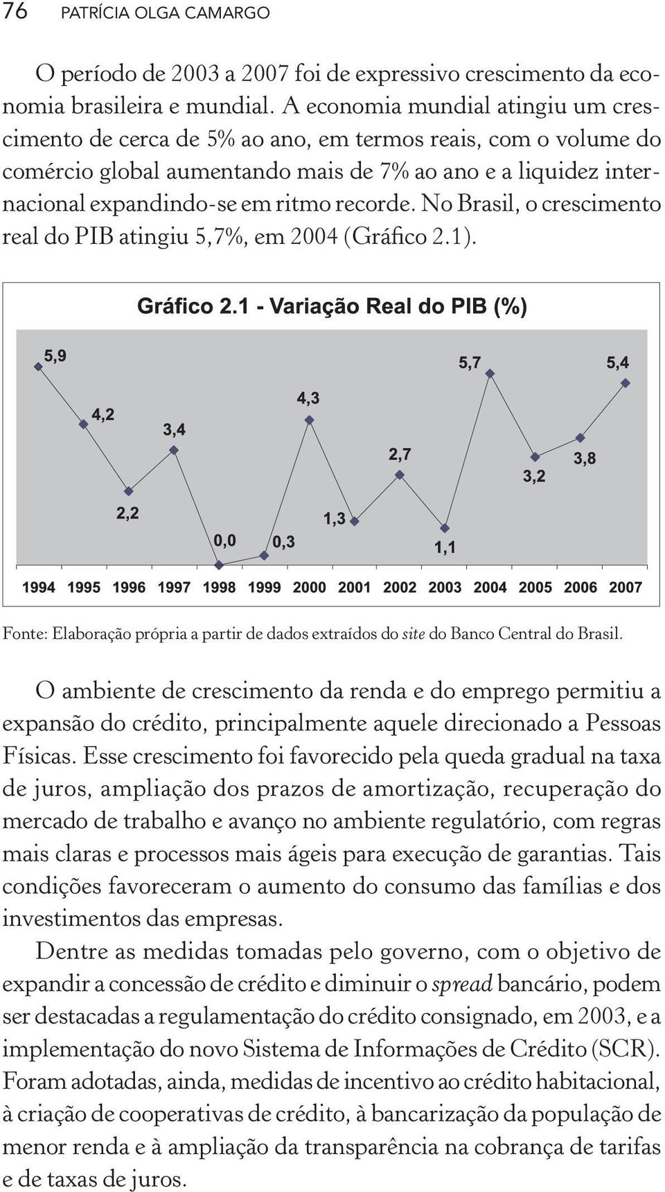 recorde. No Brasil, o crescimento real do PIB atingiu 5,7%, em 2004 (Gráfico 2.1). Fonte: Elaboração própria a partir de dados extraídos do site do Banco Central do Brasil.