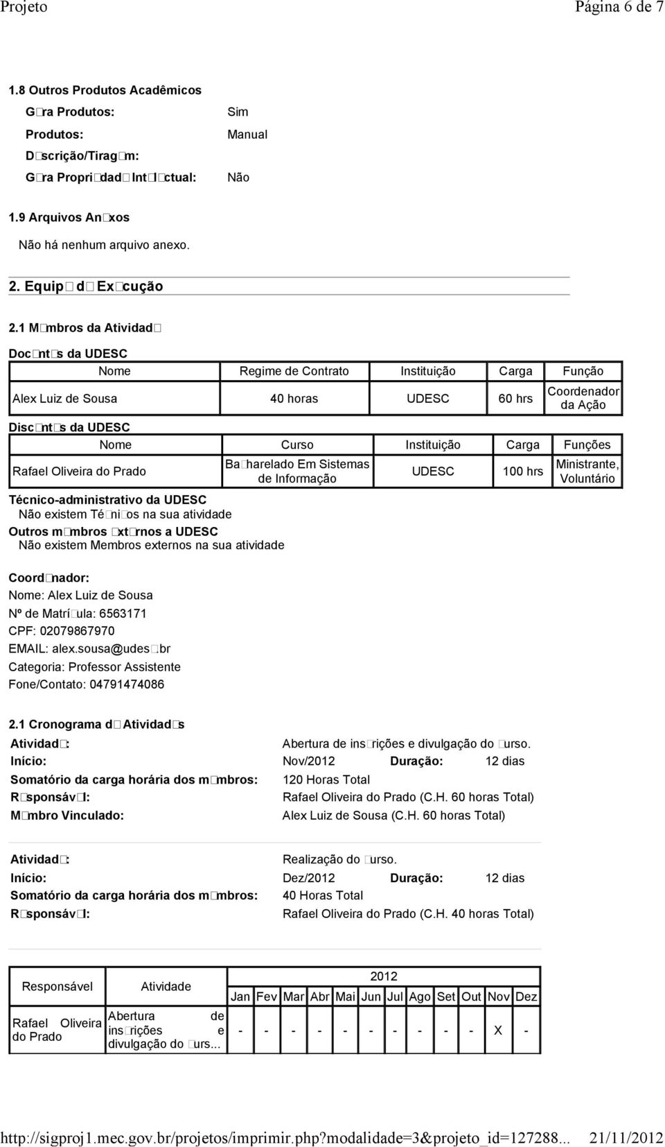 Funções Rafael Oliveira do Prado Técnico-administrativo da UDESC existem Técnicos na sua atividade Outros membros externos a UDESC existem Membros externos na sua atividade Coordenador: Nome: Alex