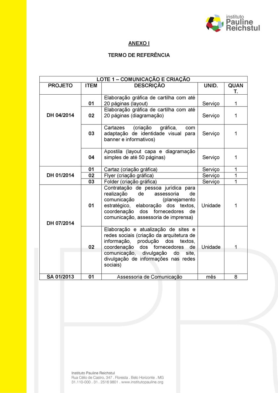 adaptação de identidade visual para banner e informativos) Serviço 1 04 Apostila (layout capa e diagramação simples de até 50 páginas) Serviço 1 DH 01/2014 DH 07/2014 01 Cartaz (criação gráfica)