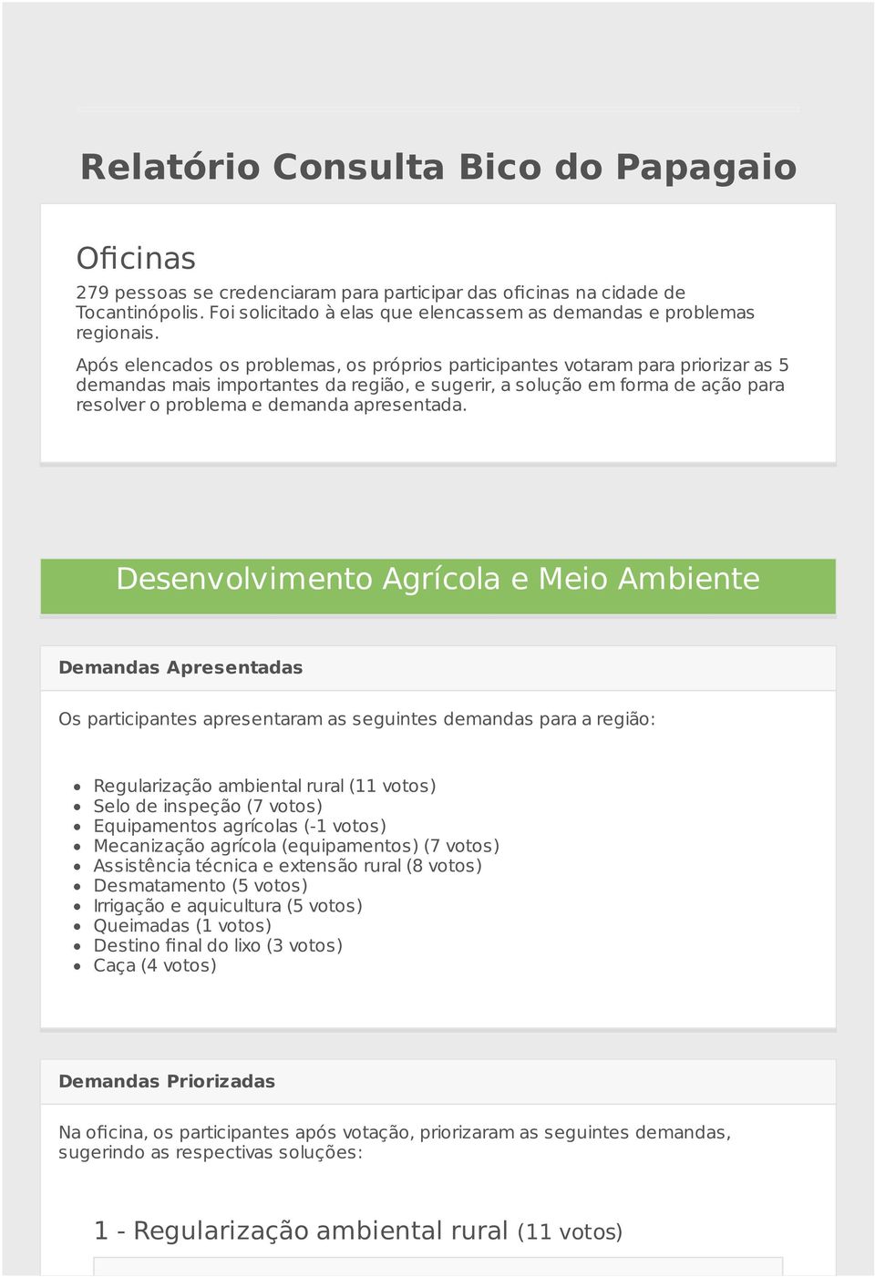 Após elencados os problemas, os próprios participantes votaram para priorizar as 5 demandas mais importantes da região, e sugerir, a solução em forma de ação para resolver o problema e demanda