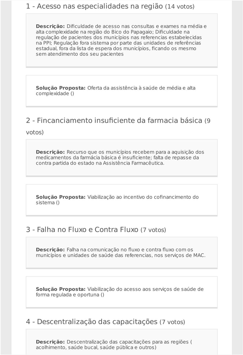 atendimento dos seu pacientes Solução Proposta: Oferta da assistência à saúde de média e alta complexidade () 2 - Fincanciamento insuficiente da farmacia básica (9 votos) Descrição: Recurso que os