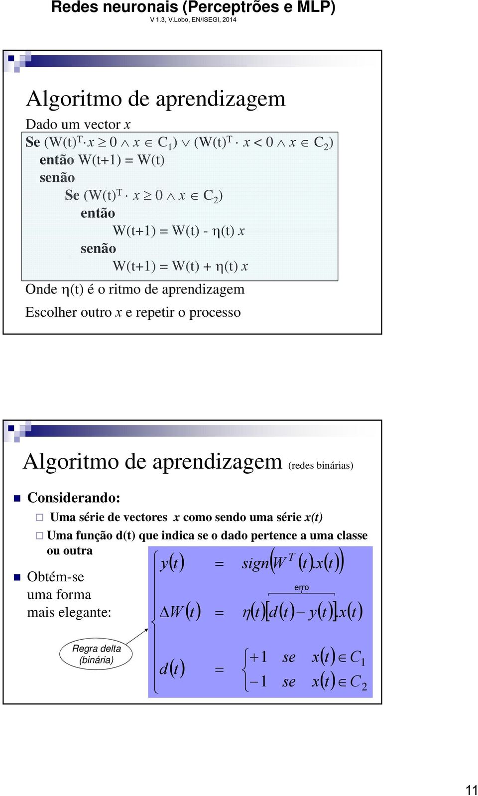 processo Algortmo de aprendzagem (redes bnáras) Consderando: Uma sére de ectores x como sendo uma sére x(t) Uma função d(t) que ndca se o dado