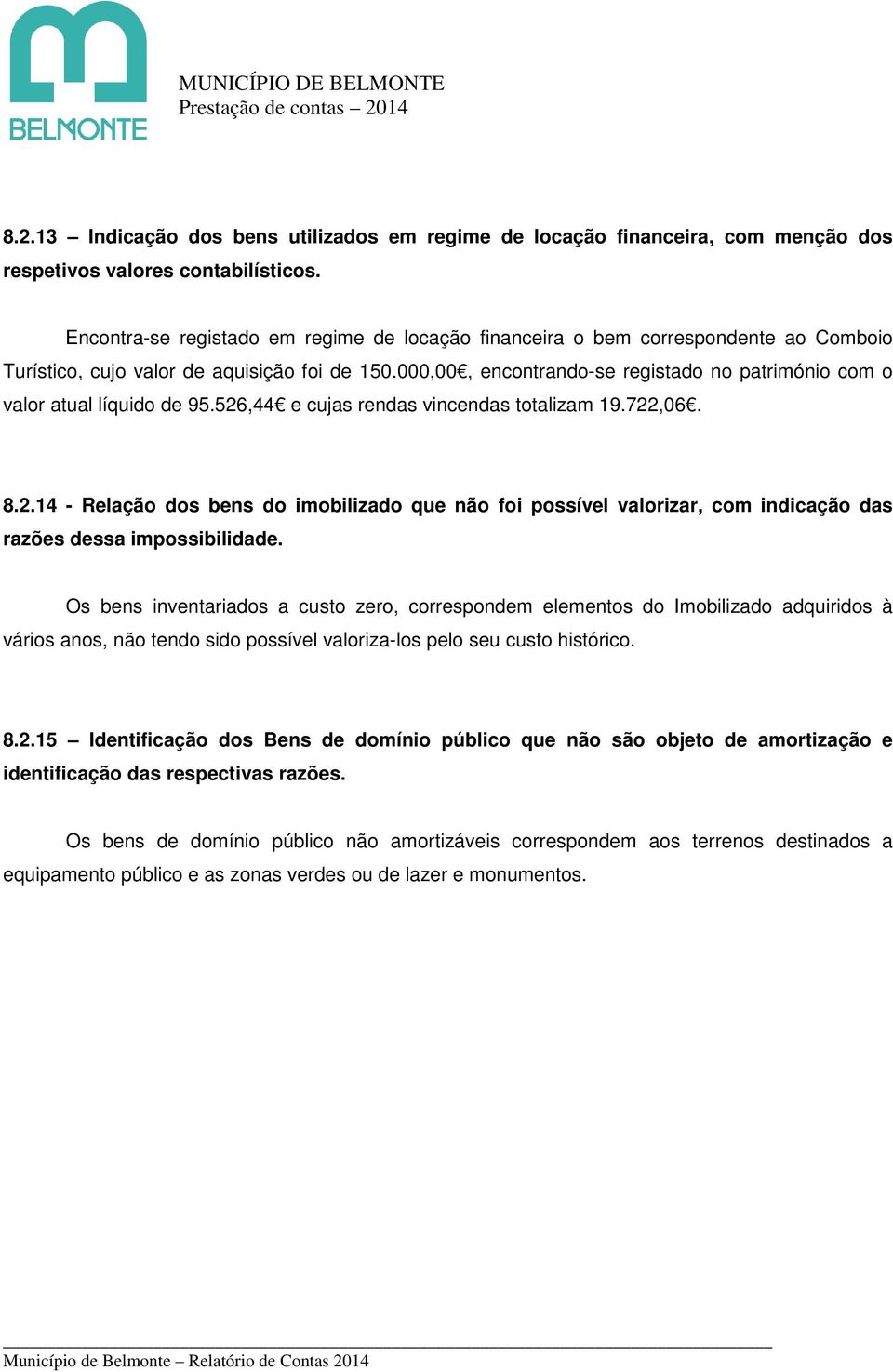 000,00, encontrando-se registado no património com o valor atual líquido de 95.526,44 e cujas rendas vincendas totalizam 19.722,06. 8.2.14 - Relação dos bens do imobilizado que não foi possível valorizar, com indicação das razões dessa impossibilidade.