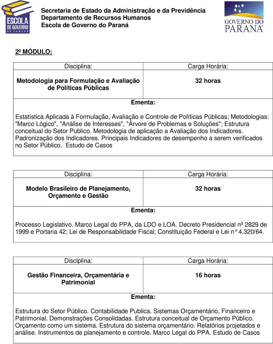 Principais Indicadores de desempenho a serem verificados no Setor Público. Estudo de Casos Modelo Brasileiro de Planejamento, Orçamento e Gestão 32 horas Processo Legislativo.