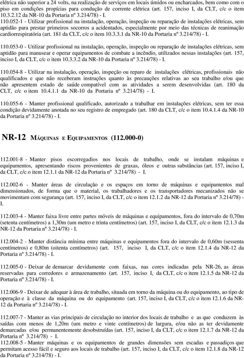 052-1 - Utilizar profissional na instalação, operação, inspeção ou reparação de instalações elétricas, sem aptidão para prestar primeiros socorros a acidentados, especialmente por meio das técnicas