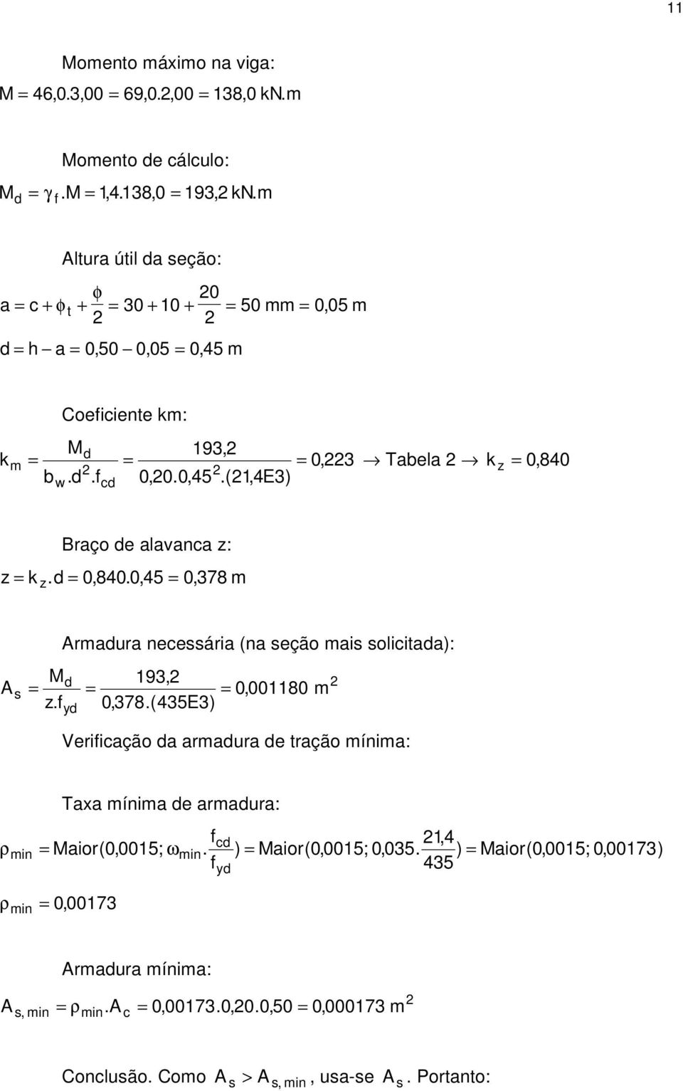(1,4E3) m = w Braço e alavana z: z = k. = 0, 840. 0, 45 = 0, 378 m z Armaura neeária (na eção mai oliitaa): 193, A = = = 0,001180 m z.f 0,378.