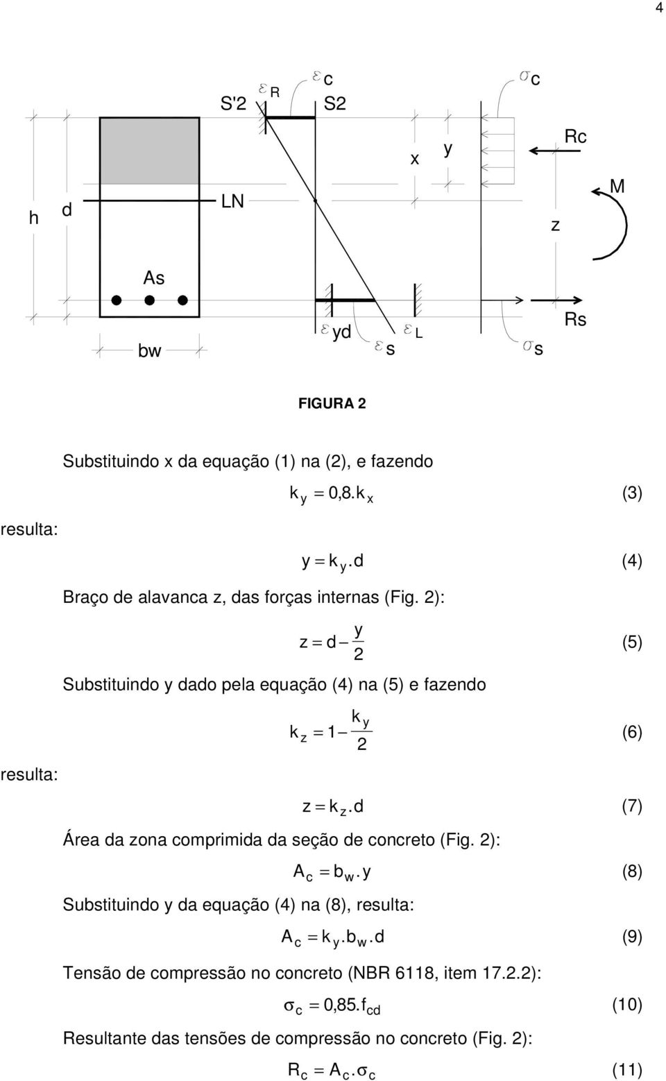 (7) Área a zona omprimia a eção e onreto (Fig. ): Subtituino y a equação (4) na (8), reulta: A = b. y (8) w A = k y. bw.